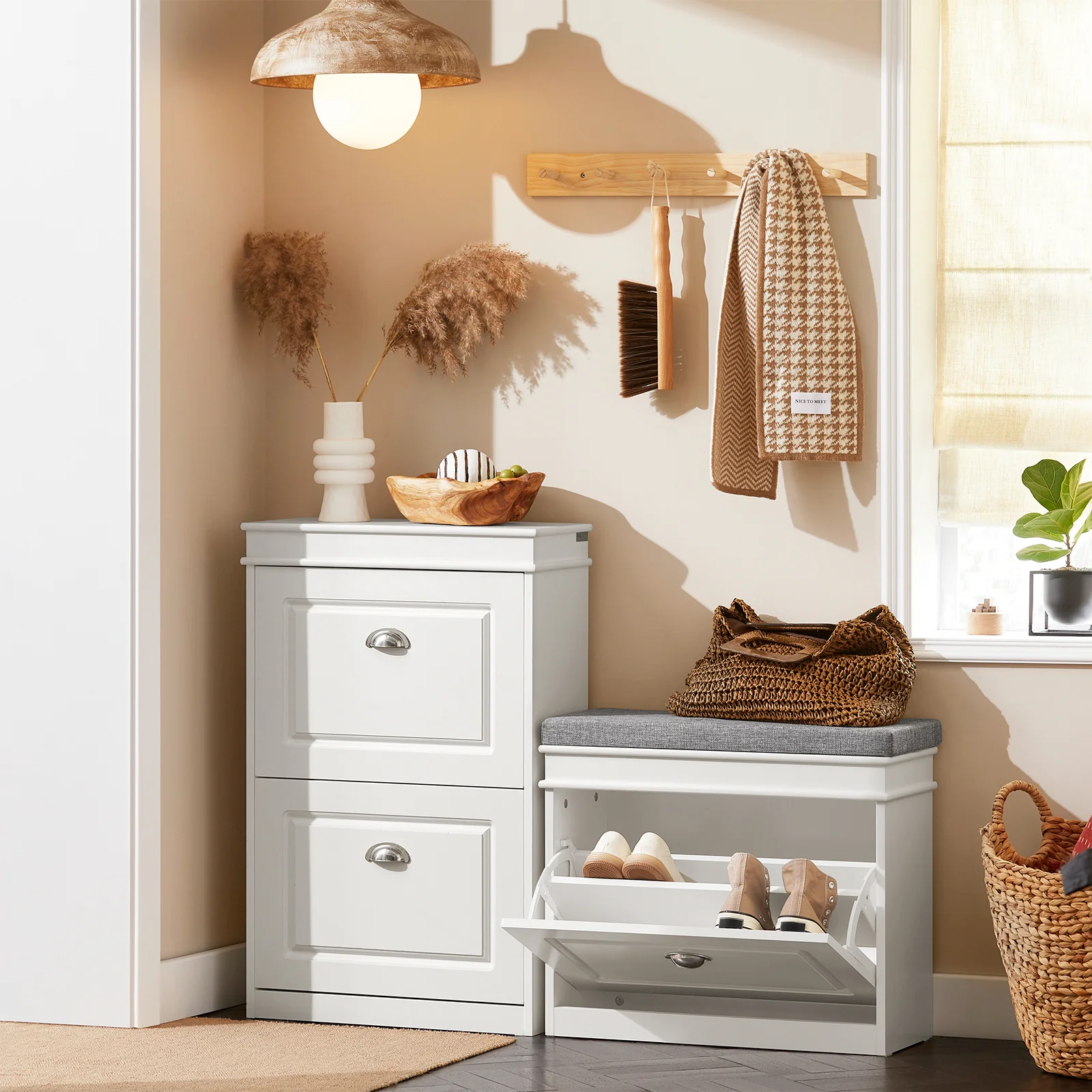 Pre-order SoBuy Set FSR82-L-W + FSR94-W – Witte Schoenenmeubel Set, Schoenenbank met Kussen + Schoenenkast met 3 Kleppen voor 12 Paar, 2-delig Halmeubel - Image 10