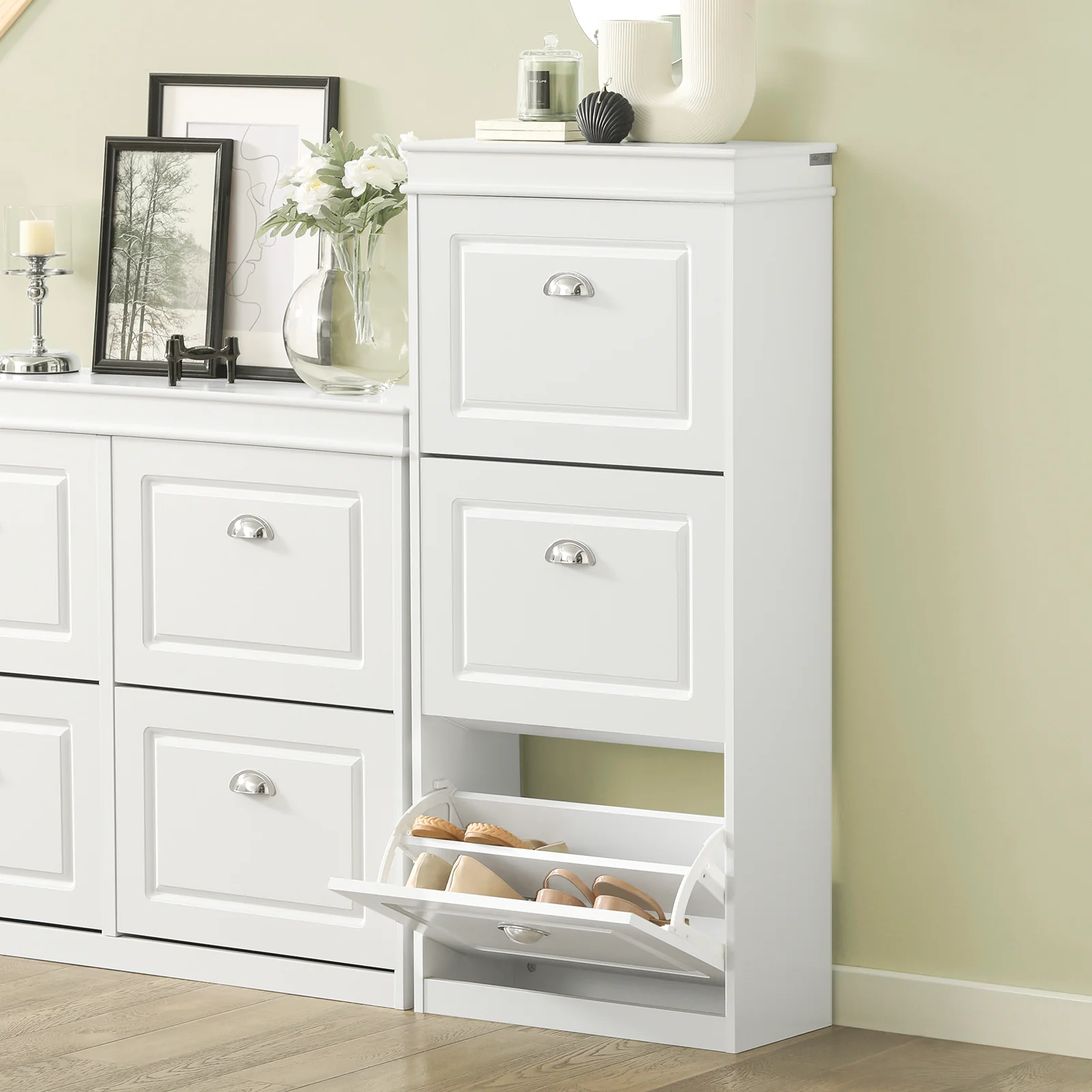 Pre-order SoBuy Set FSR82-L-W + FSR94-W – Witte Schoenenmeubel Set, Schoenenbank met Kussen + Schoenenkast met 3 Kleppen voor 12 Paar, 2-delig Halmeubel - Image 14