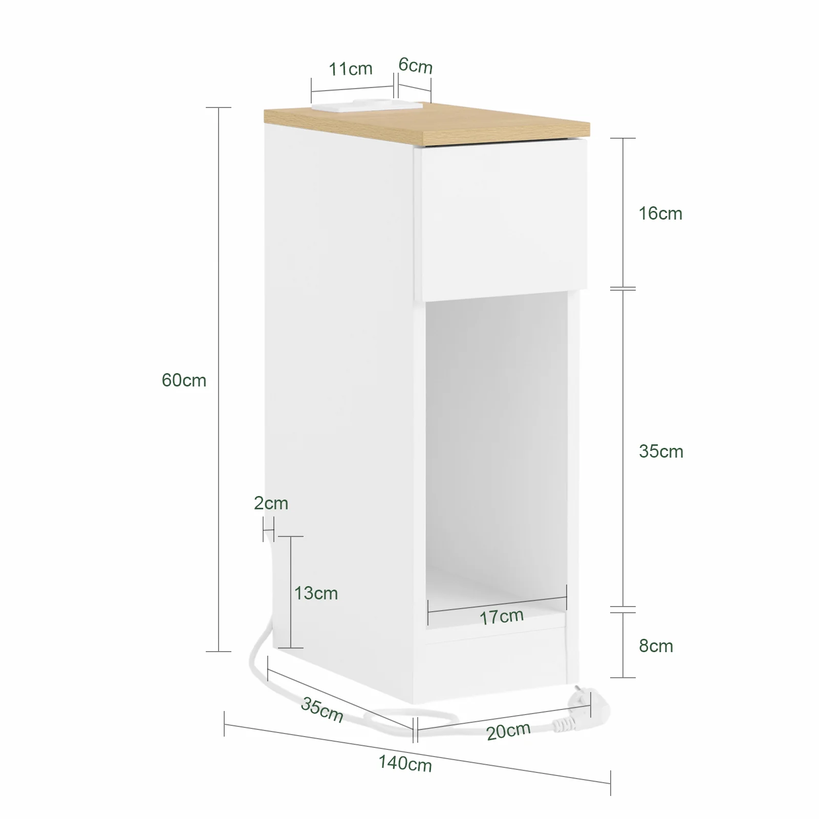 SoBuy FBT111-E-WN Slim Nachtkastje met Oplaadstation, Smal Bijzettafeltje met Standaard Stopcontact, USB-poort en Type-C Poort voor Slaapkamer en Woonkamer, B20 x D35 x H60 cm, Wit - Image 5