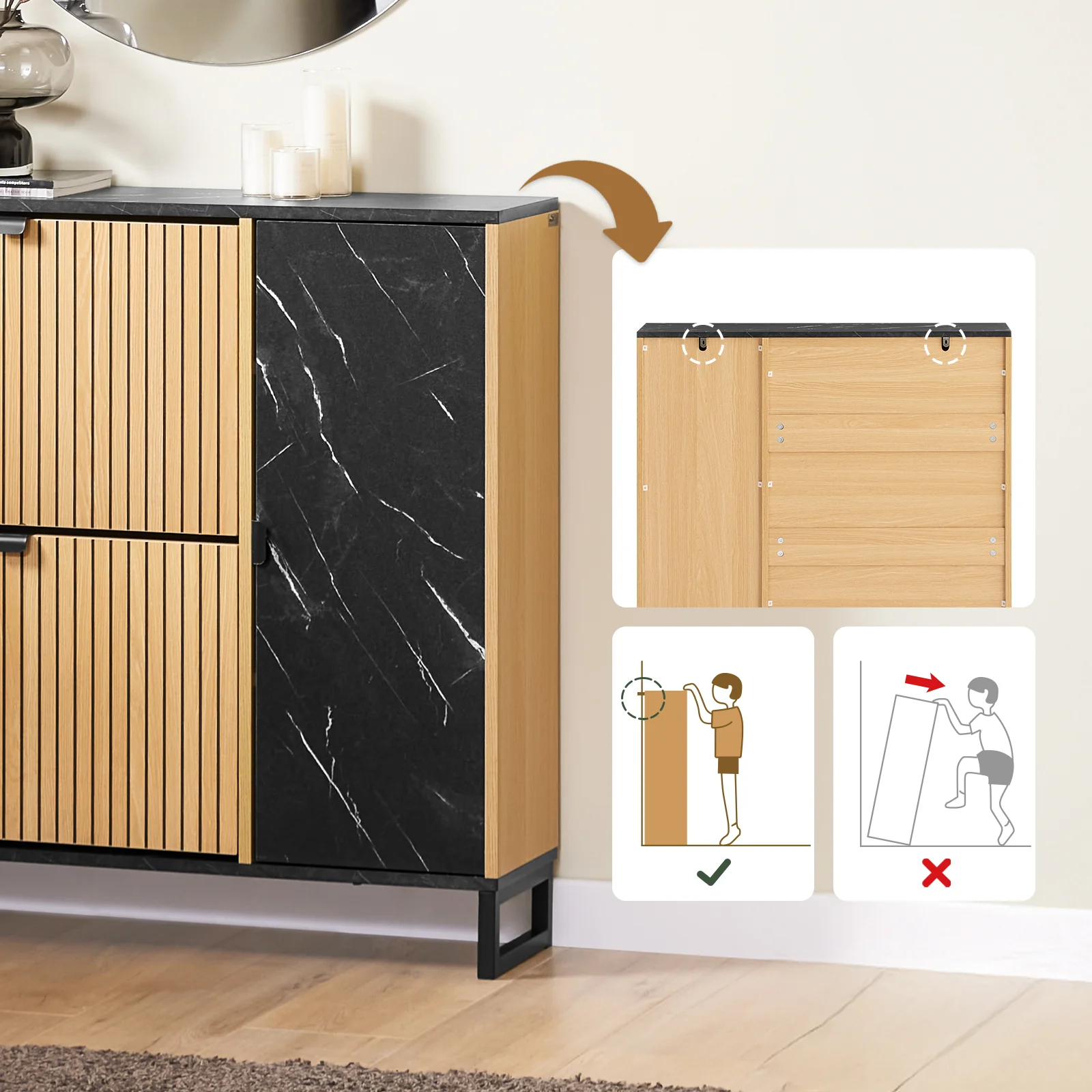 SoBuy FSR203-N Smalle schoenenkast voor entree, schoenenkast met 2 kleppen en zijdeur, schoenenopslag, Scandinavisch design, compact, zwart, licht hout, 90 x 24 x 88 cm - Image 8