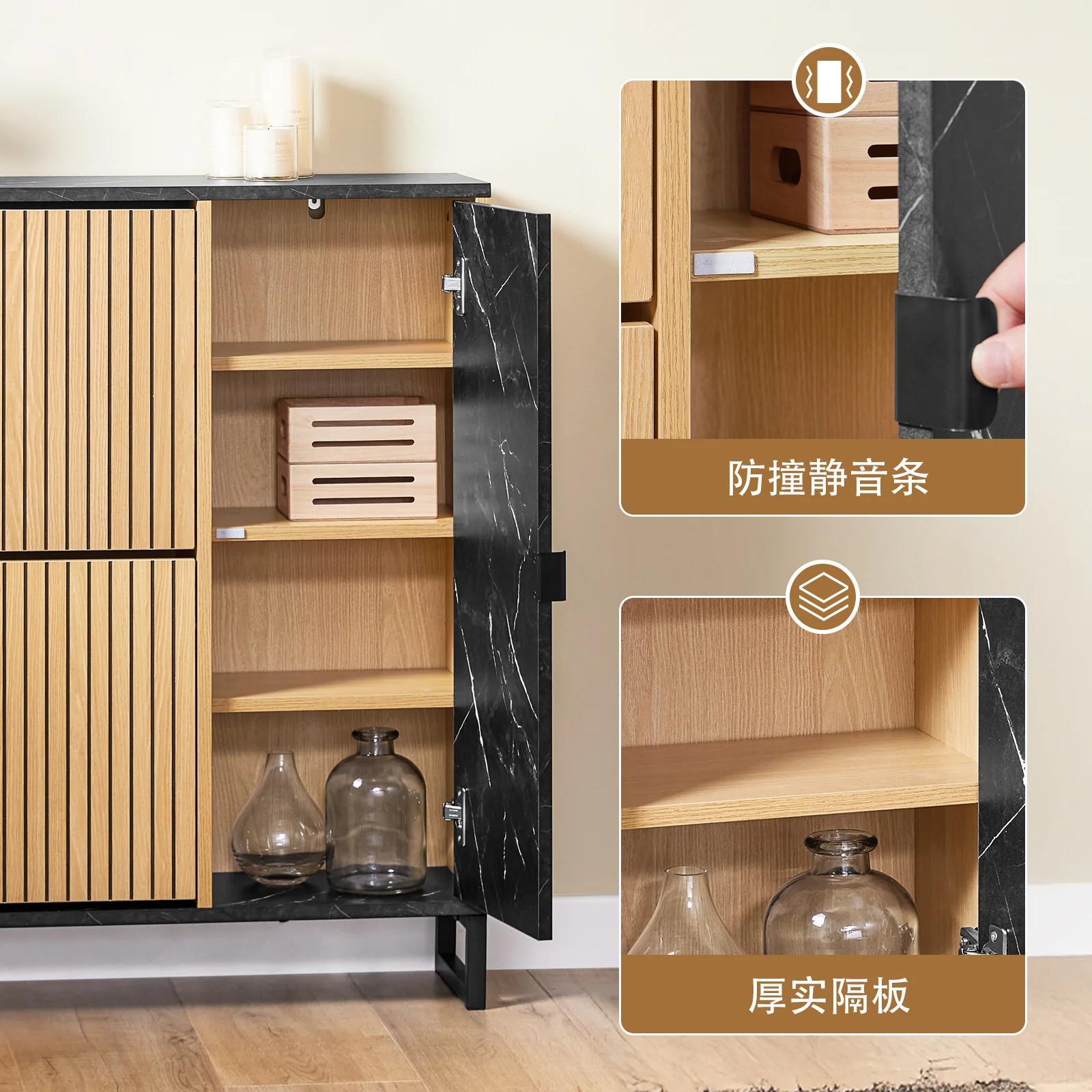 SoBuy FSR203-N Smalle schoenenkast voor entree, schoenenkast met 2 kleppen en zijdeur, schoenenopslag, Scandinavisch design, compact, zwart, licht hout, 90 x 24 x 88 cm - Image 9