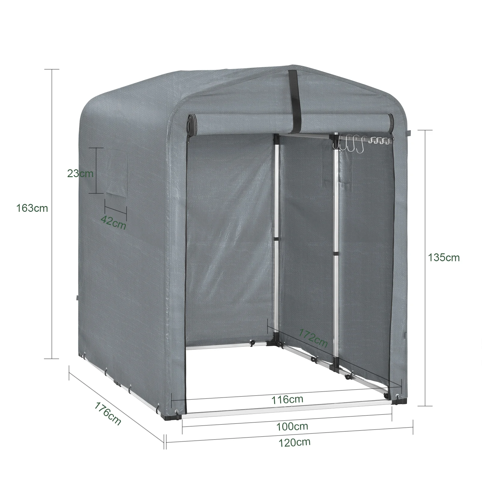 SoBuy KLS11-DG Tuinhuis, tuinhuis voor buiten, waterdicht, motorhuis met haken, garage voor fiets en gereedschap, fietsschuur, opslag en opslag, grijs, 120 x 176 x 163 cm - Image 4