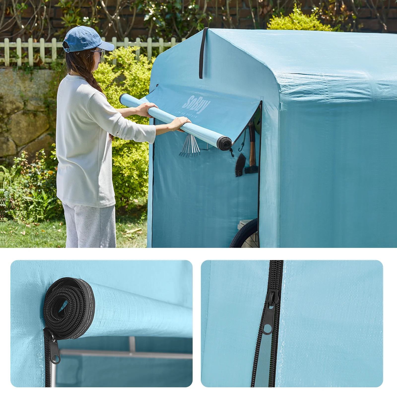 SoBuy KLS11-BL Tuinhuis, tuinhuis voor buiten, waterdicht, motorhuis met haken, garage voor fiets en gereedschap, fietsschuur, opslag en opslag, lichtblauw, 120 x 176 x 163 cm - Image 12