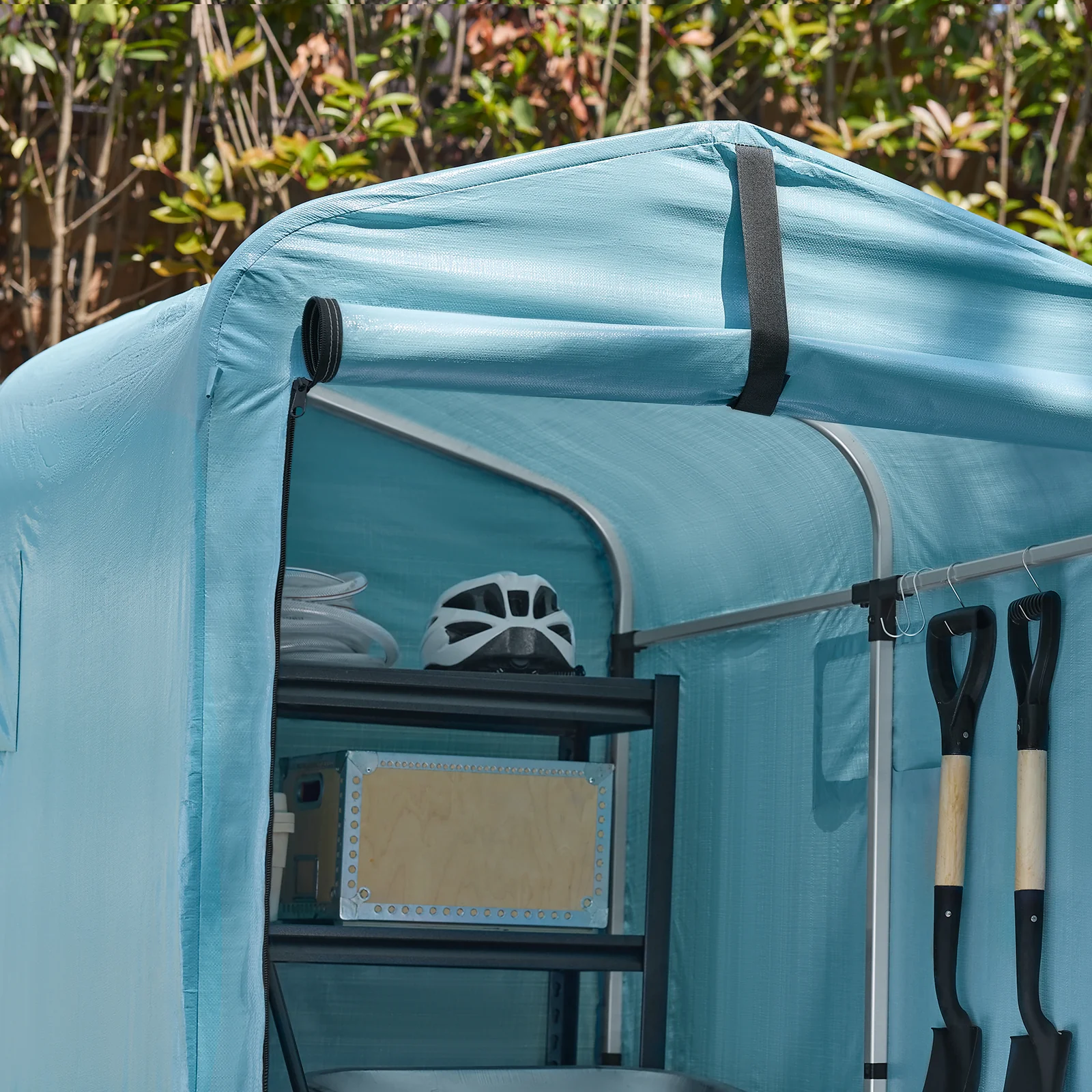 SoBuy KLS11-BL Tuinhuis, tuinhuis voor buiten, waterdicht, motorhuis met haken, garage voor fiets en gereedschap, fietsschuur, opslag en opslag, lichtblauw, 120 x 176 x 163 cm - Image 14