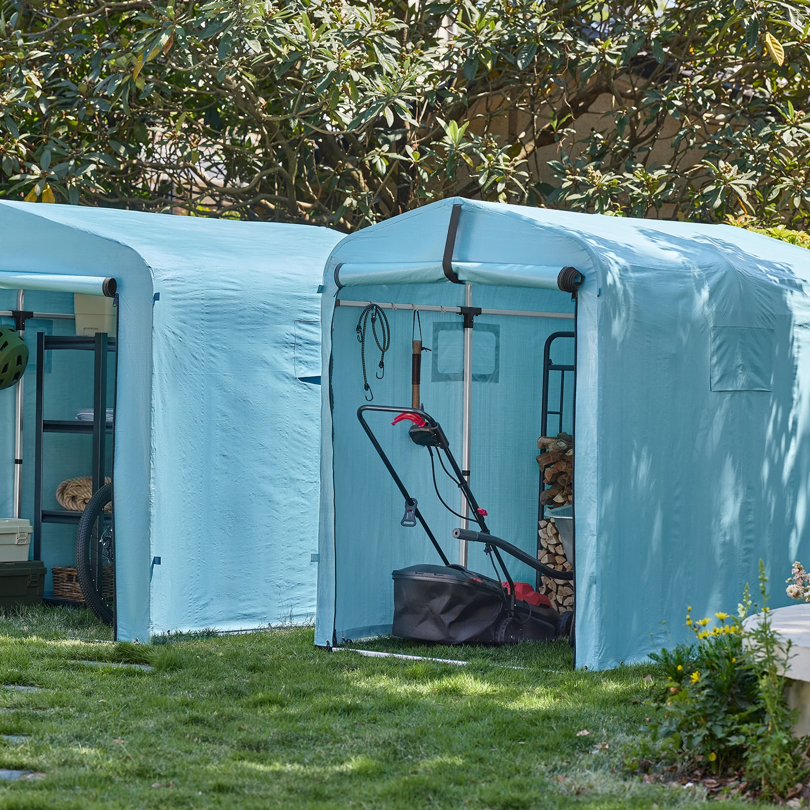 SoBuy KLS11-BL Tuinhuis, tuinhuis voor buiten, waterdicht, motorhuis met haken, garage voor fiets en gereedschap, fietsschuur, opslag en opslag, lichtblauw, 120 x 176 x 163 cm - Image 3
