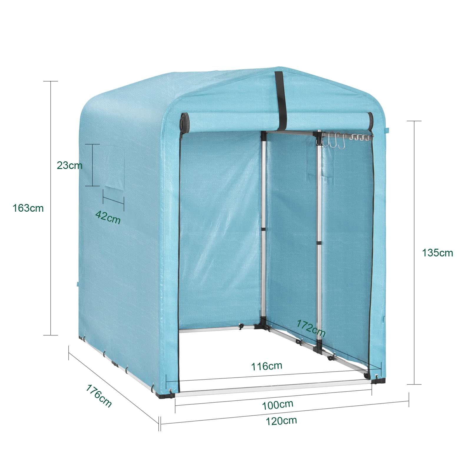 SoBuy KLS11-BL Tuinhuis, tuinhuis voor buiten, waterdicht, motorhuis met haken, garage voor fiets en gereedschap, fietsschuur, opslag en opslag, lichtblauw, 120 x 176 x 163 cm - Image 5