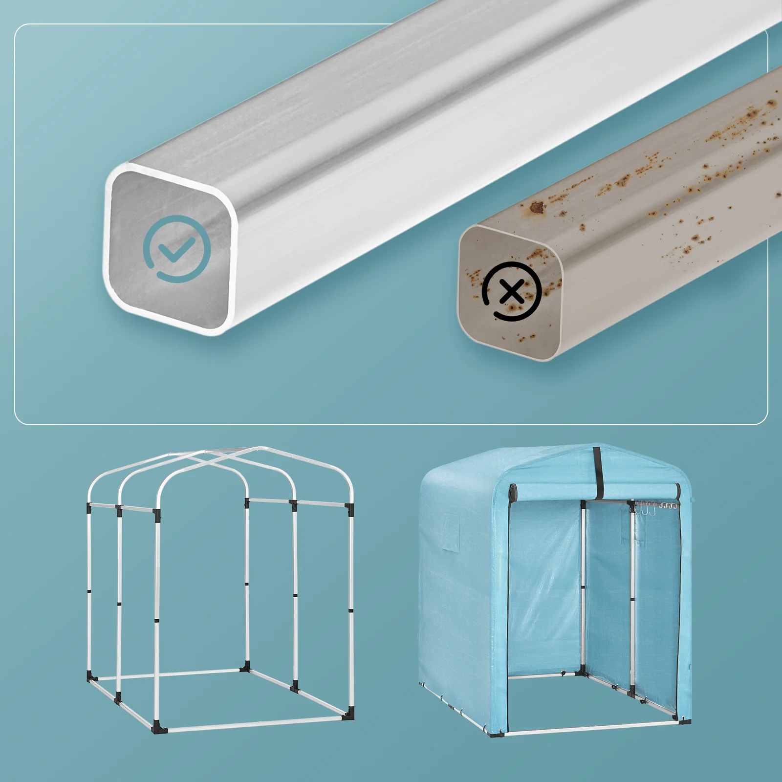 SoBuy KLS11-BL Tuinhuis, tuinhuis voor buiten, waterdicht, motorhuis met haken, garage voor fiets en gereedschap, fietsschuur, opslag en opslag, lichtblauw, 120 x 176 x 163 cm - Image 6