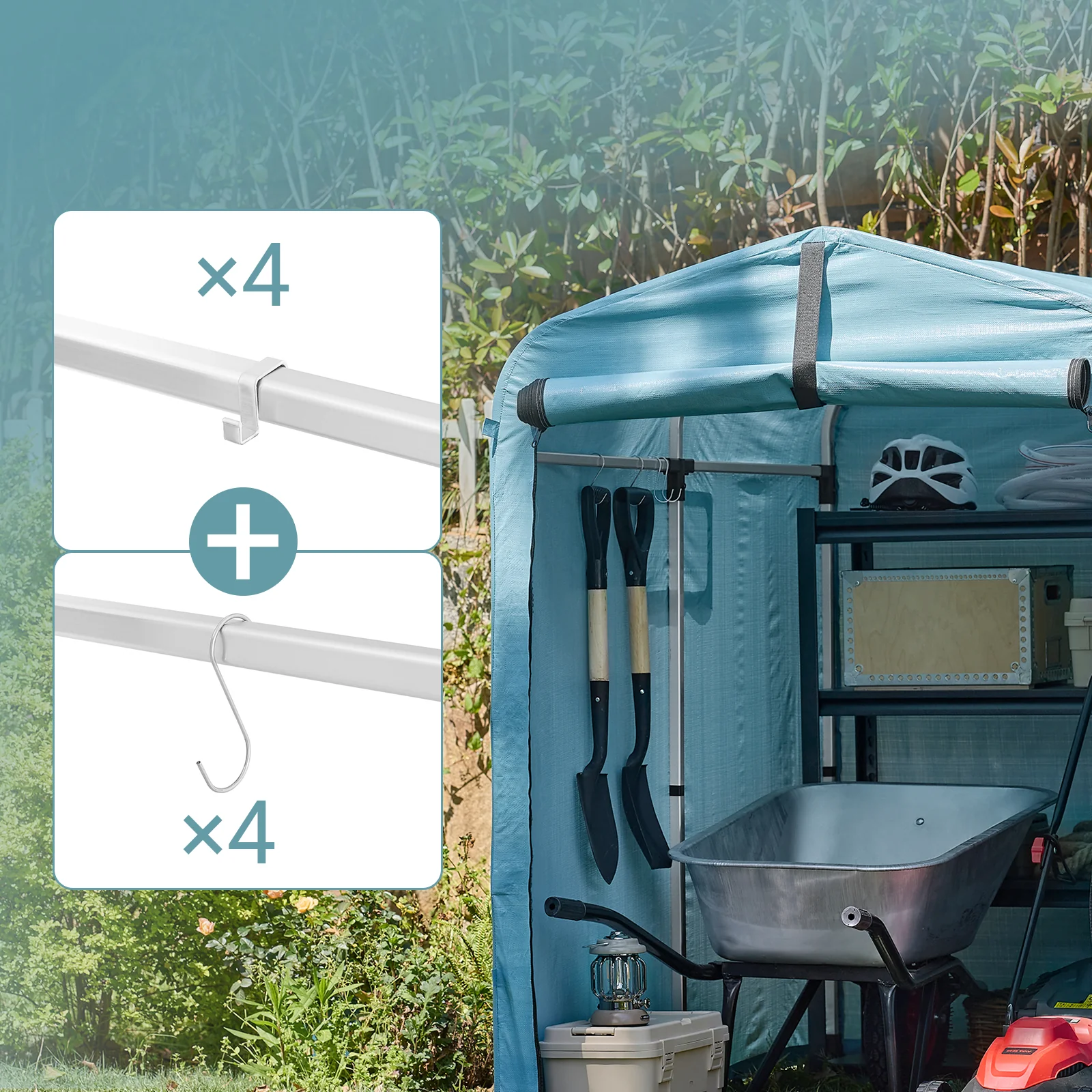 SoBuy KLS11-BL Tuinhuis, tuinhuis voor buiten, waterdicht, motorhuis met haken, garage voor fiets en gereedschap, fietsschuur, opslag en opslag, lichtblauw, 120 x 176 x 163 cm - Image 9