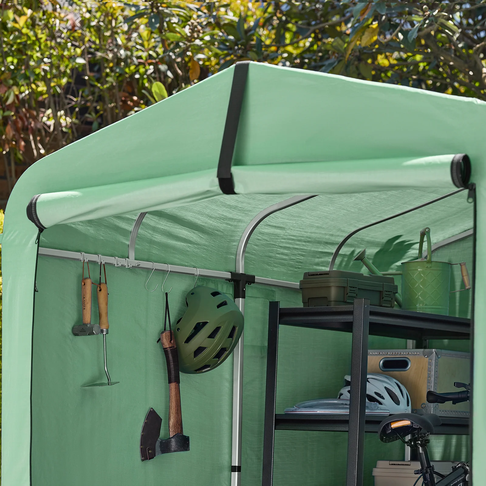 SoBuy KLS11-L-GR Tuinhuis, Waterdichte Buitenkast, Motorstalling met Haken, Fietsgarage en Gereedschapberging, Fietsenstalling, Opslagruimte, Groen, 159x219x165 cm - Image 12